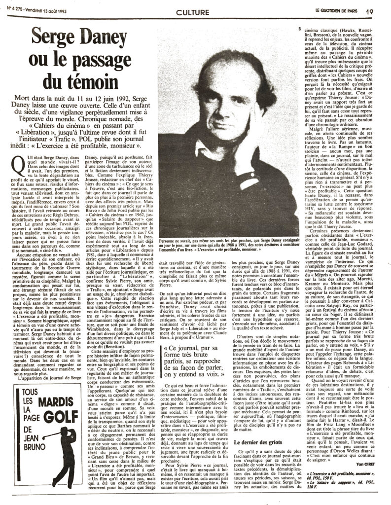 Serge Daney ou le passage du témoin. Article de Yan Ciret, in journal Le Monde